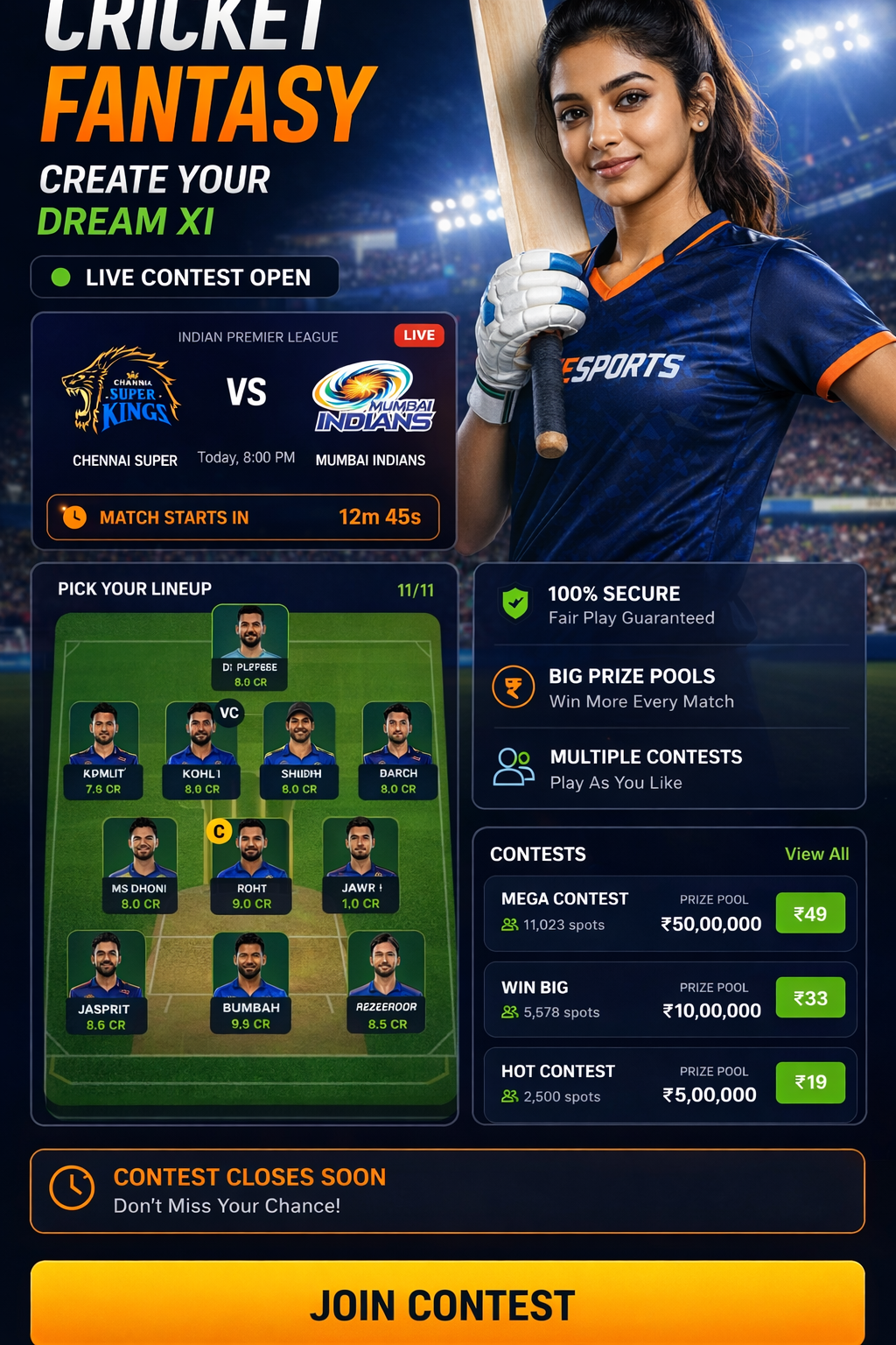 Come Fantasy Hub cricket matchday visual
