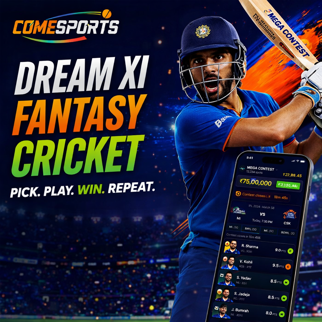 Come Fantasy Hub Dream XI fantasy cricket ad visual